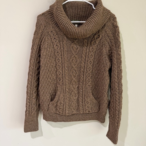 Carraig Donn Sweaters - Carraig Donn Medium Merino Wool Cable Knit Cowl Neck Sweater Pocket Brown